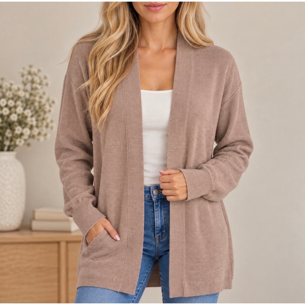 Cyrus Cardigan Medium Tan Good Open Front Ribbed Knit Pockets C7916062G